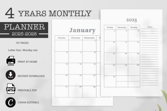 4-Year Monthly Planner 2025-2028